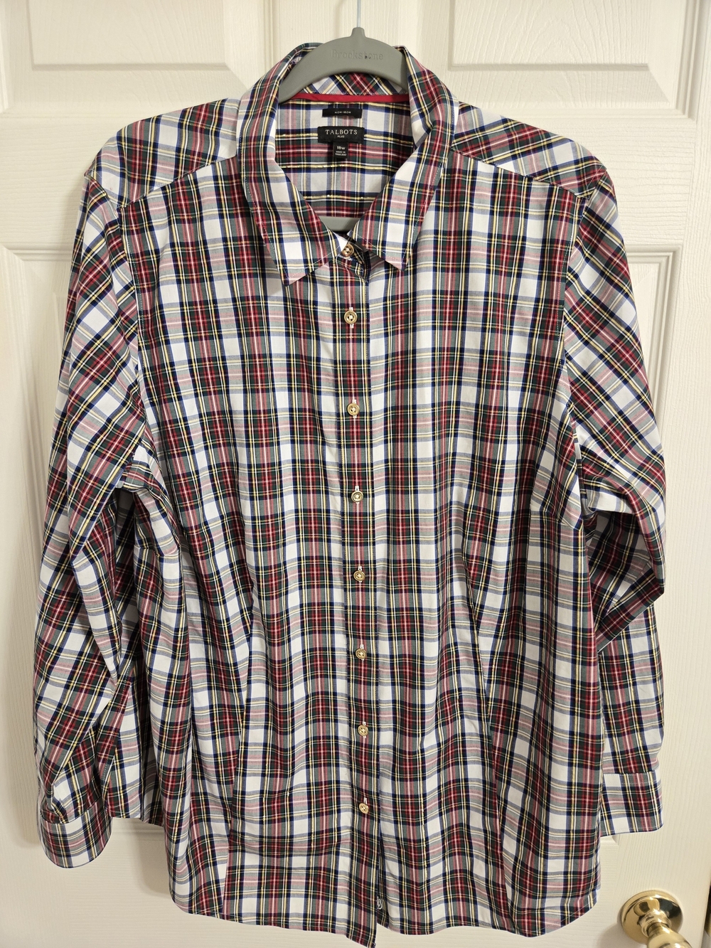 Talbots Women’s White Plaid Button-Down Shirt Red, Blue & Green Stripes Size 18W